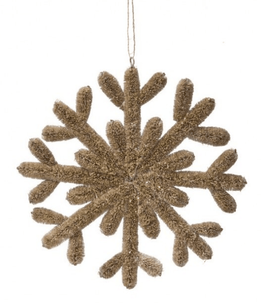 Rustic tan fiber brush snowflake Christmas ornament with textured antler-style branches