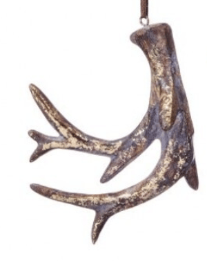 Resin deer antler Christmas ornament with rustic brown and gold finish, hanging cord