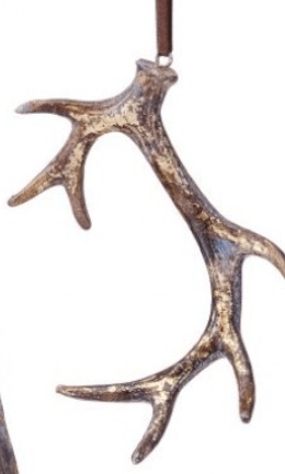 Aged bronze resin deer antler Christmas ornament with brown leather hanging cord