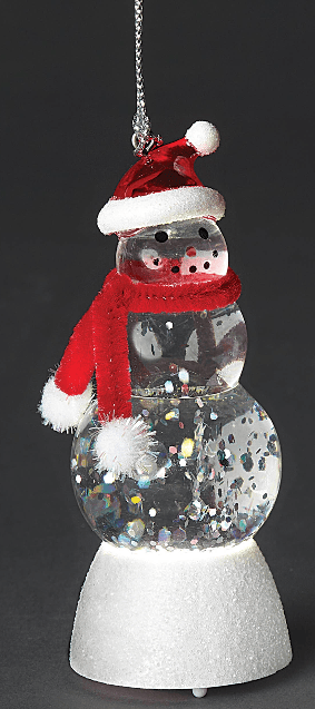 LED glitter snowman Christmas ornament with red Santa hat and scarf