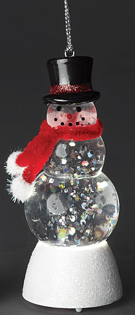 LED glitter snowman ornament with black top hat and red scarf on white base