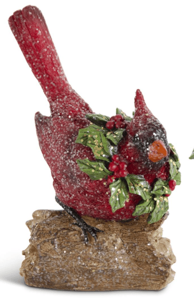 Assorted Glittered Resin Cardinals with Holly Wreaths Perched on Log, 2 Styles