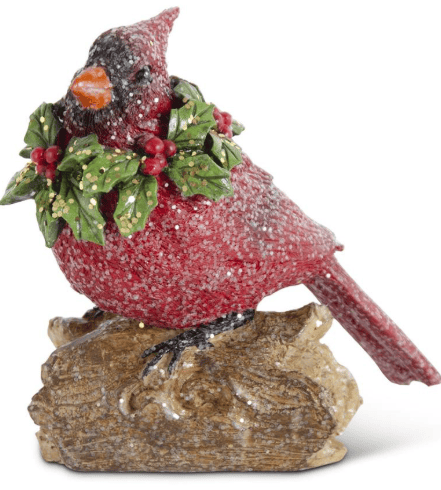 Assorted Glittered Resin Cardinals with Holly Wreaths Perched on Log, 2 Styles