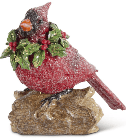 Assorted Glittered Resin Cardinals with Holly Wreaths Perched on Log, 2 Styles