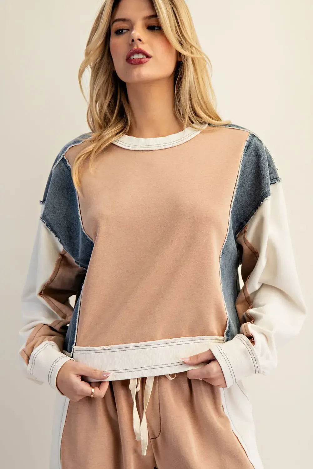 Frayed Color Block Long Sleeve Pullover