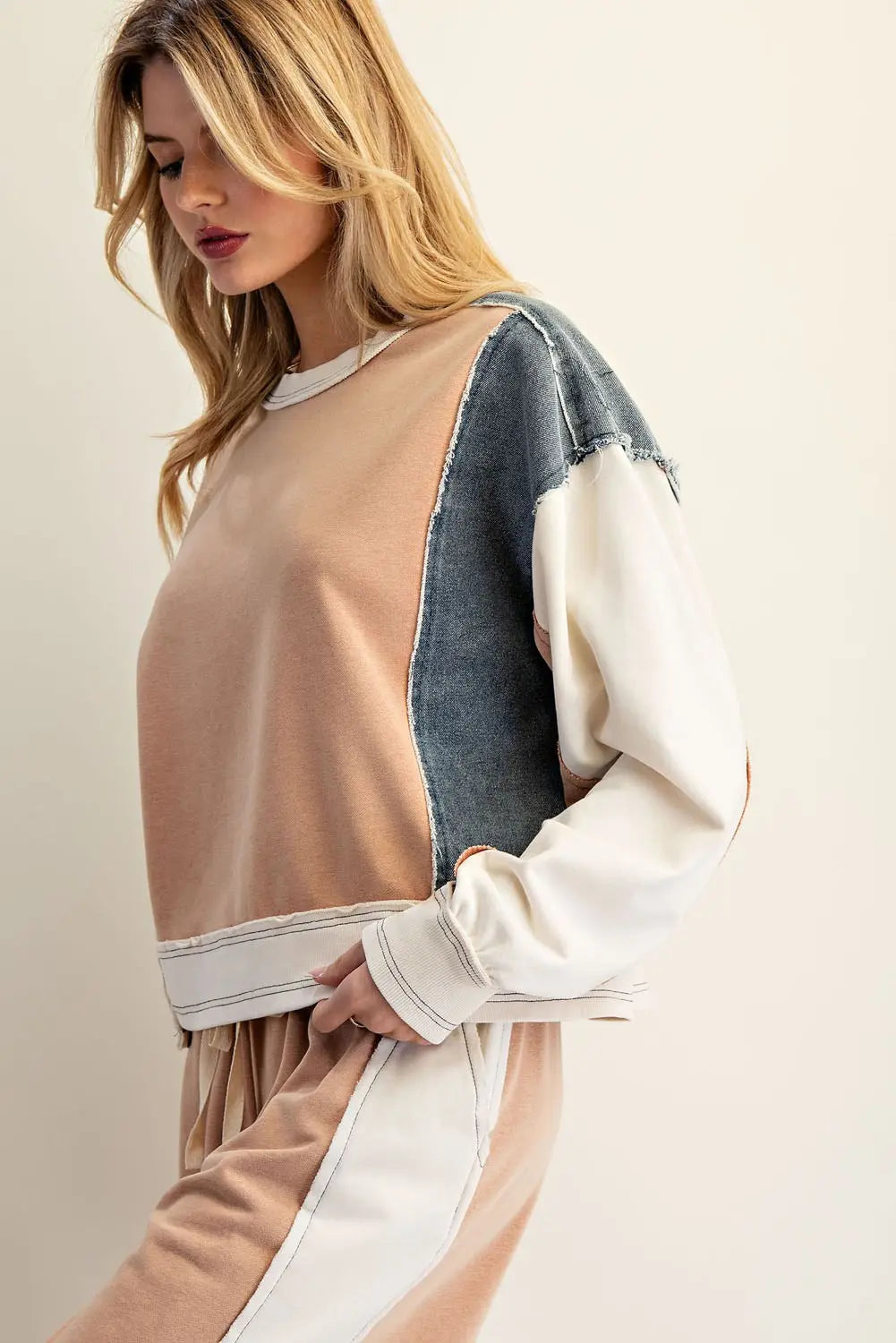 Frayed Color Block Long Sleeve Pullover
