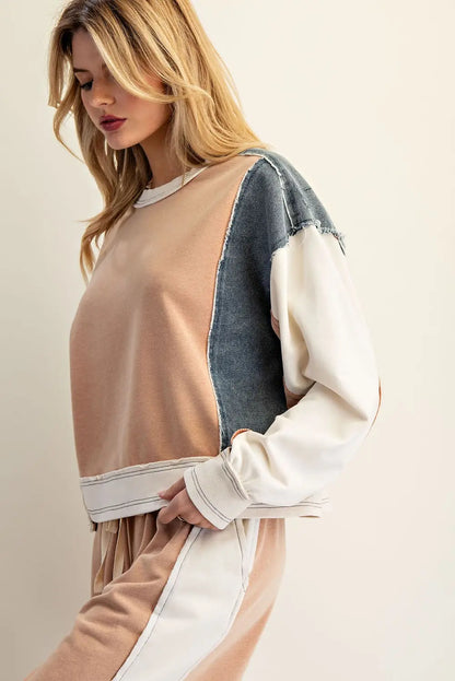 Frayed Color Block Long Sleeve Pullover
