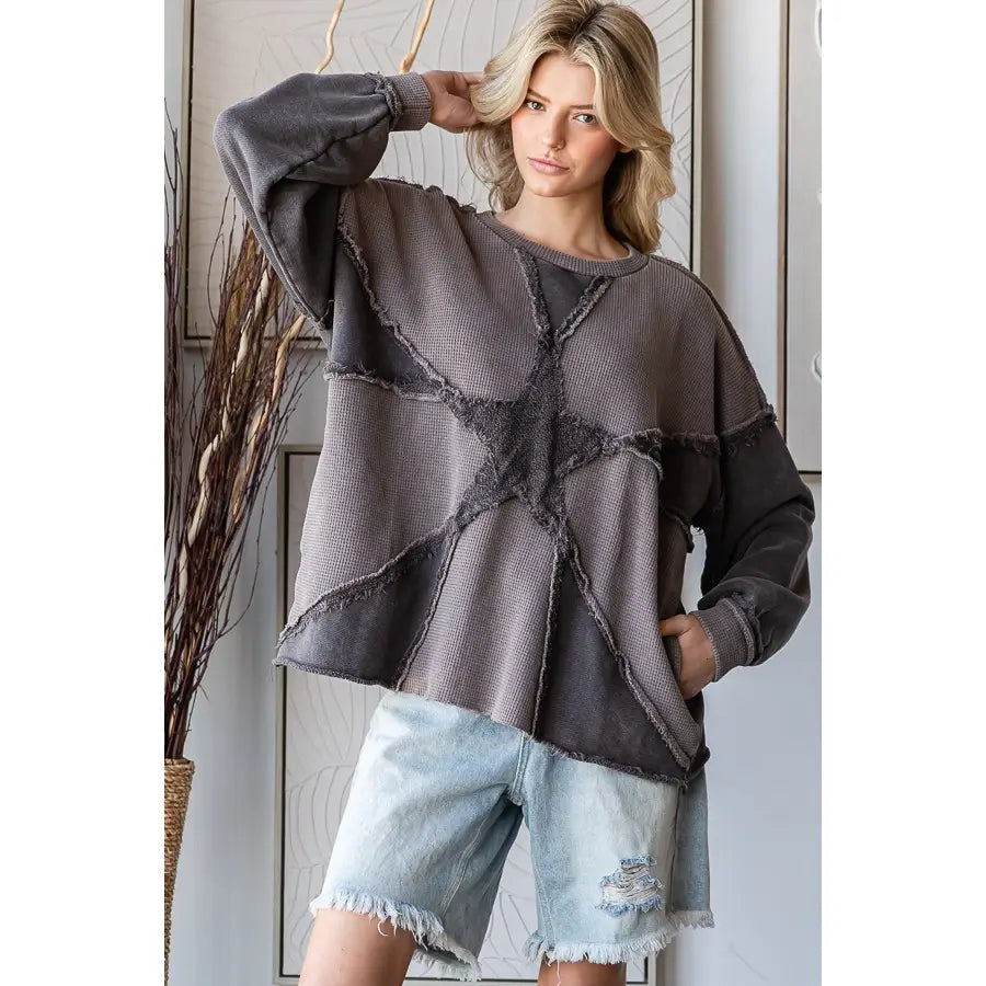 Washed charcoal star patchwork waffle-knit pullover top with frayed seam details
