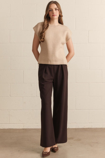 Entro beige short sleeve cropped knit sweater with ribbed neckline and hem