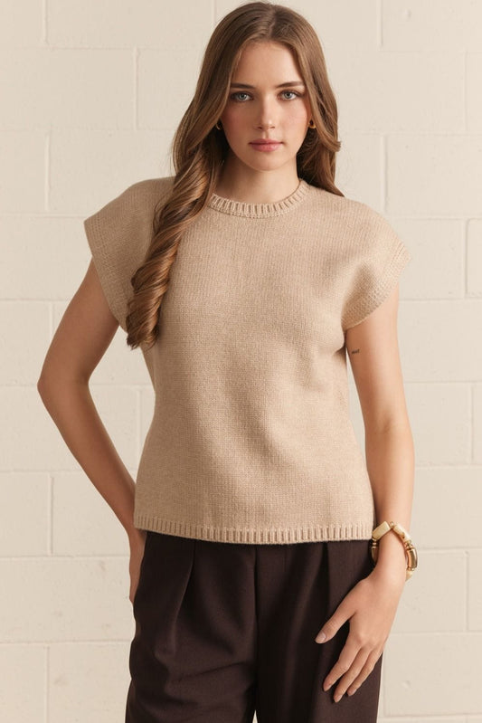 Women's oatmeal beige short sleeve knit sweater vest with ribbed trim detailing