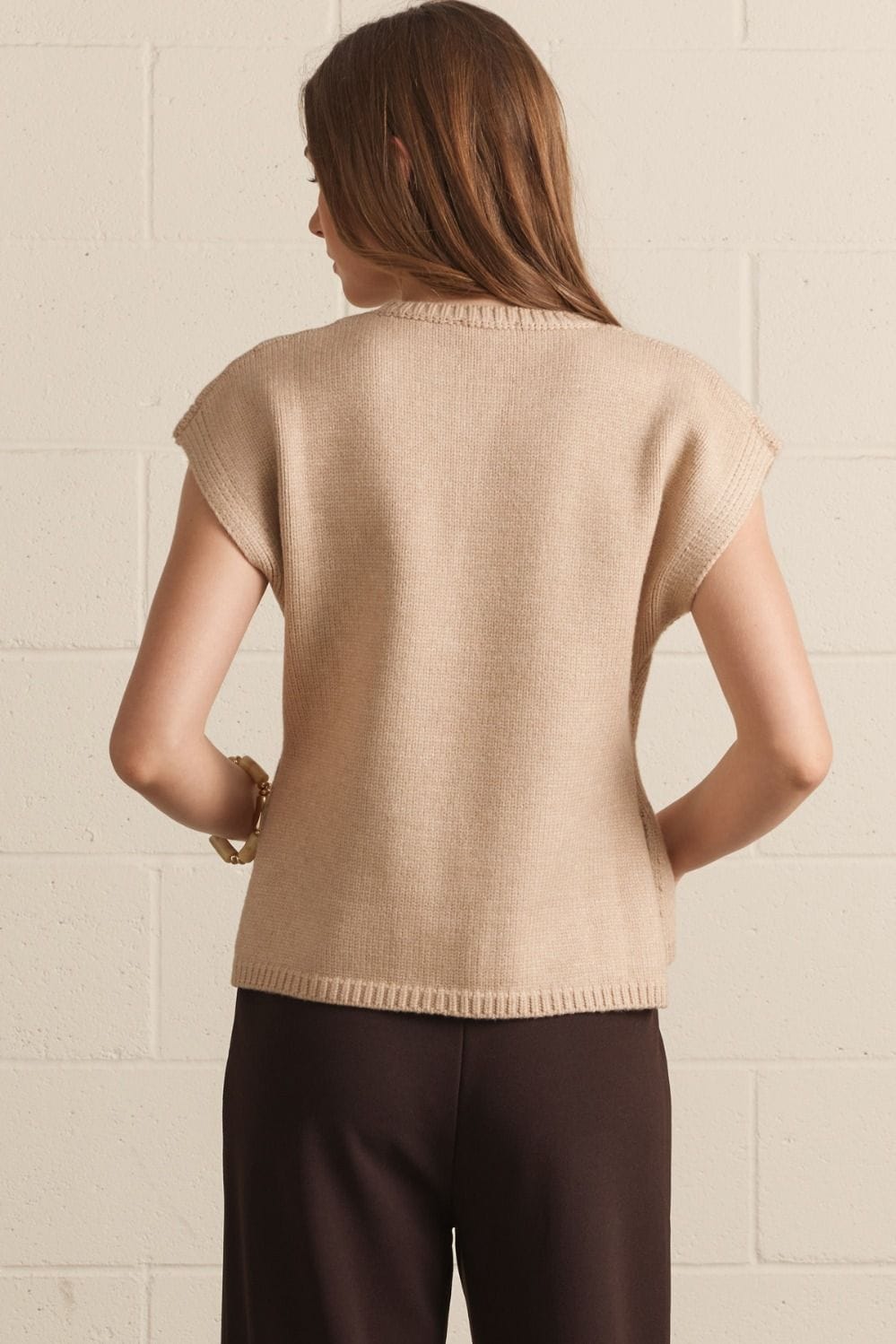 Entro beige knit short sleeve sweater vest with ribbed trim, back view