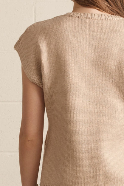 Entro beige knit short sleeve sweater, back view, crew neck, cap sleeves