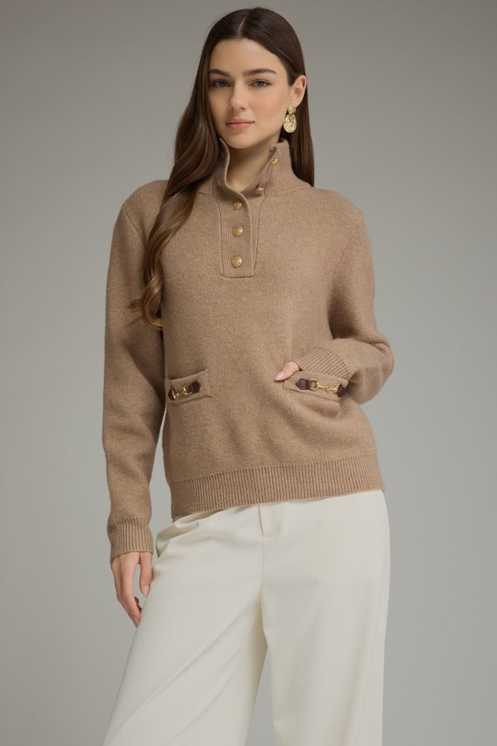 Entro camel knit pullover sweater with gold buttons, mock neck, and front pockets