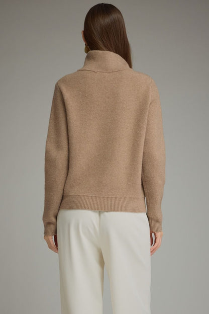 Entro camel turtleneck sweater with ribbed hem and cuffs, back view