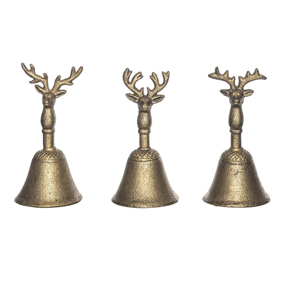 Set of three gold cast iron reindeer handle bells in assorted antler styles