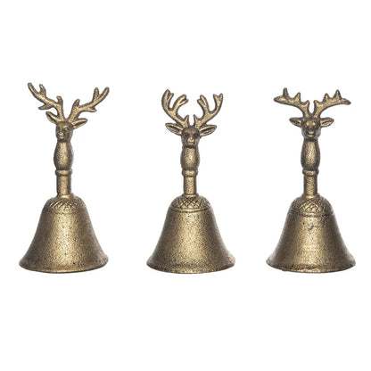 Set of three gold cast iron reindeer handle bells in assorted antler styles