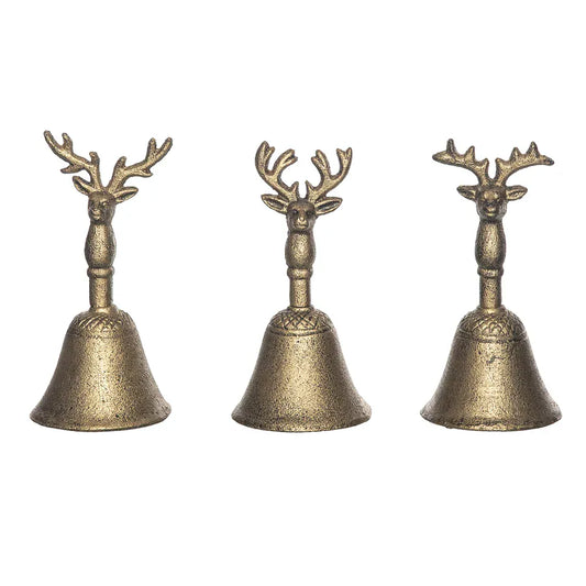 Set of three gold cast iron reindeer handle bells in assorted antler styles