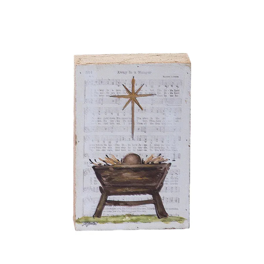 Hand painted MDF wood block with manger scene and star on sheet music background