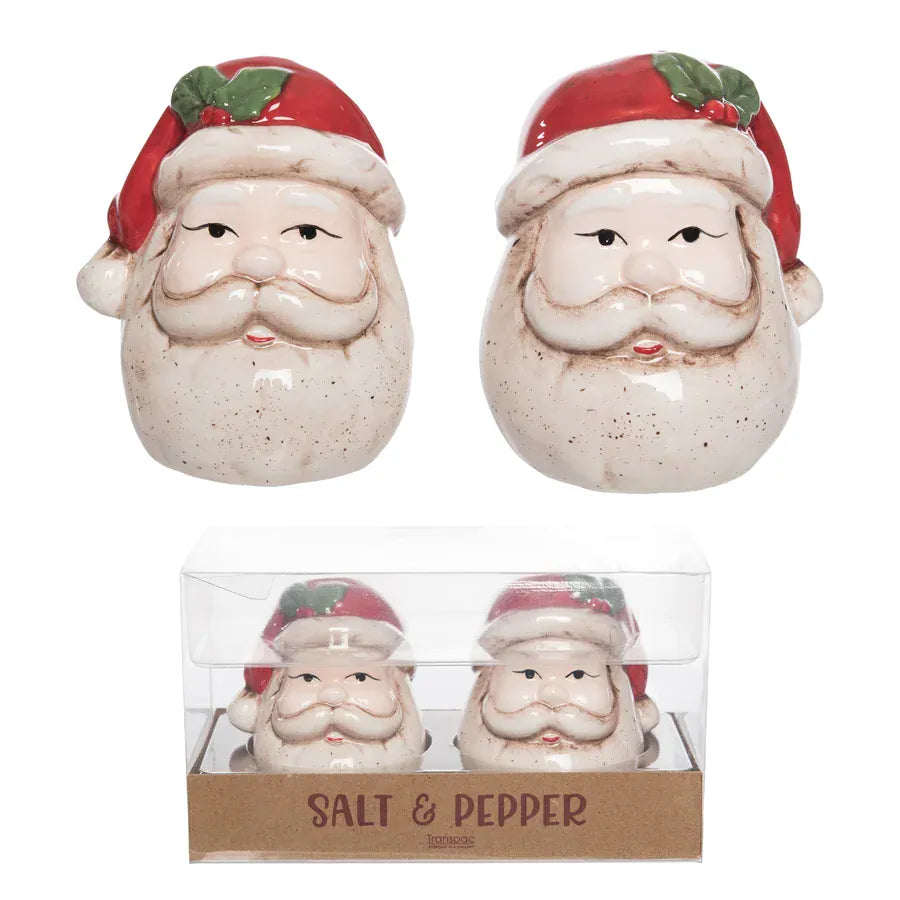 Ceramic Santa head salt and pepper shaker set with red hat and white beard