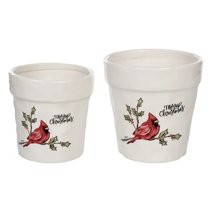 Set of two white ceramic pots with red cardinal and holly Merry Christmas design