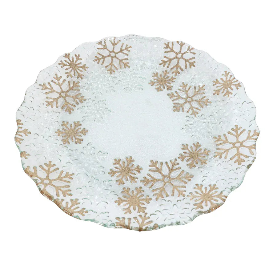 Clear glass platter with gold glitter snowflake pattern and scalloped edge