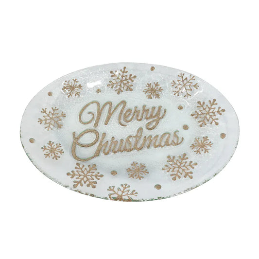 Oval clear glass Christmas platter with gold glitter snowflakes and Merry Christmas text
