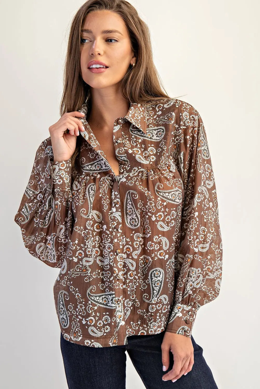 Paisley Printed Long Sleeve Blouse - Chestnut