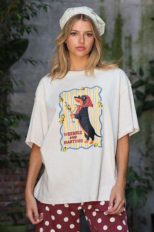 Oversized cream graphic tee with dachshund martini print and crew neckline
