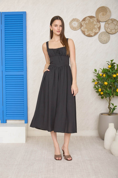Square Neck Front Tie Corset Detail Midi Dress