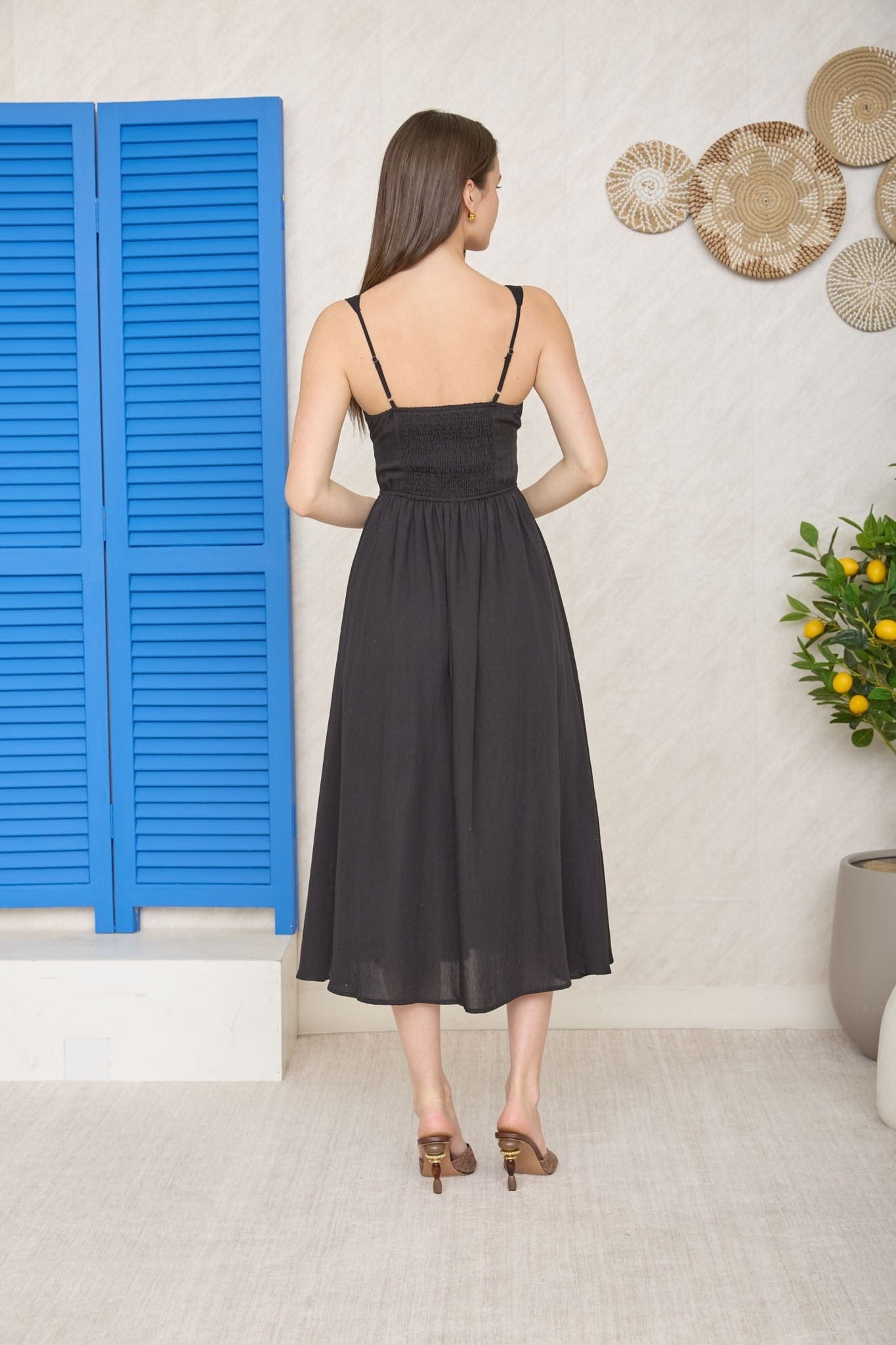 Square Neck Front Tie Corset Detail Midi Dress