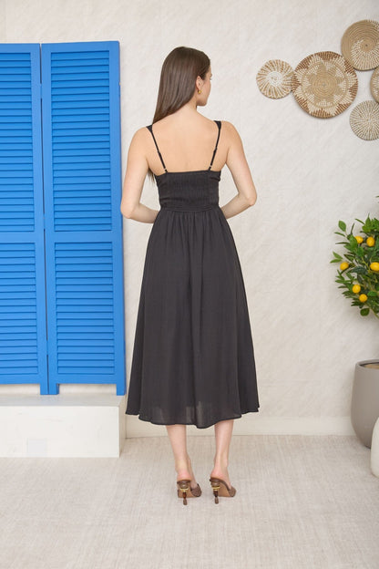 Square Neck Front Tie Corset Detail Midi Dress