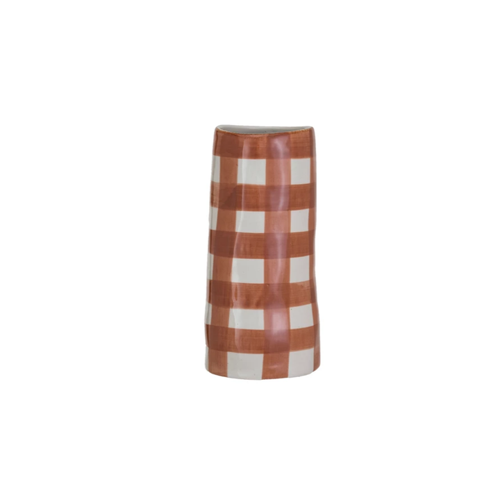Hand-Painted Stoneware Vases w/ Patterns, Brown, Rust & Cream Color