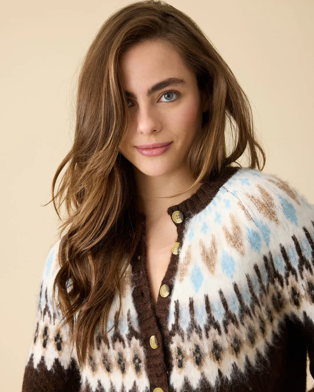Flag and Anthem Alma Cardigan in brown Fair Isle knit with blue and cream accents