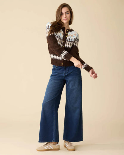 Brown Fair Isle cropped cardigan with blue and white pattern, gold buttons, worn with wide-leg jeans