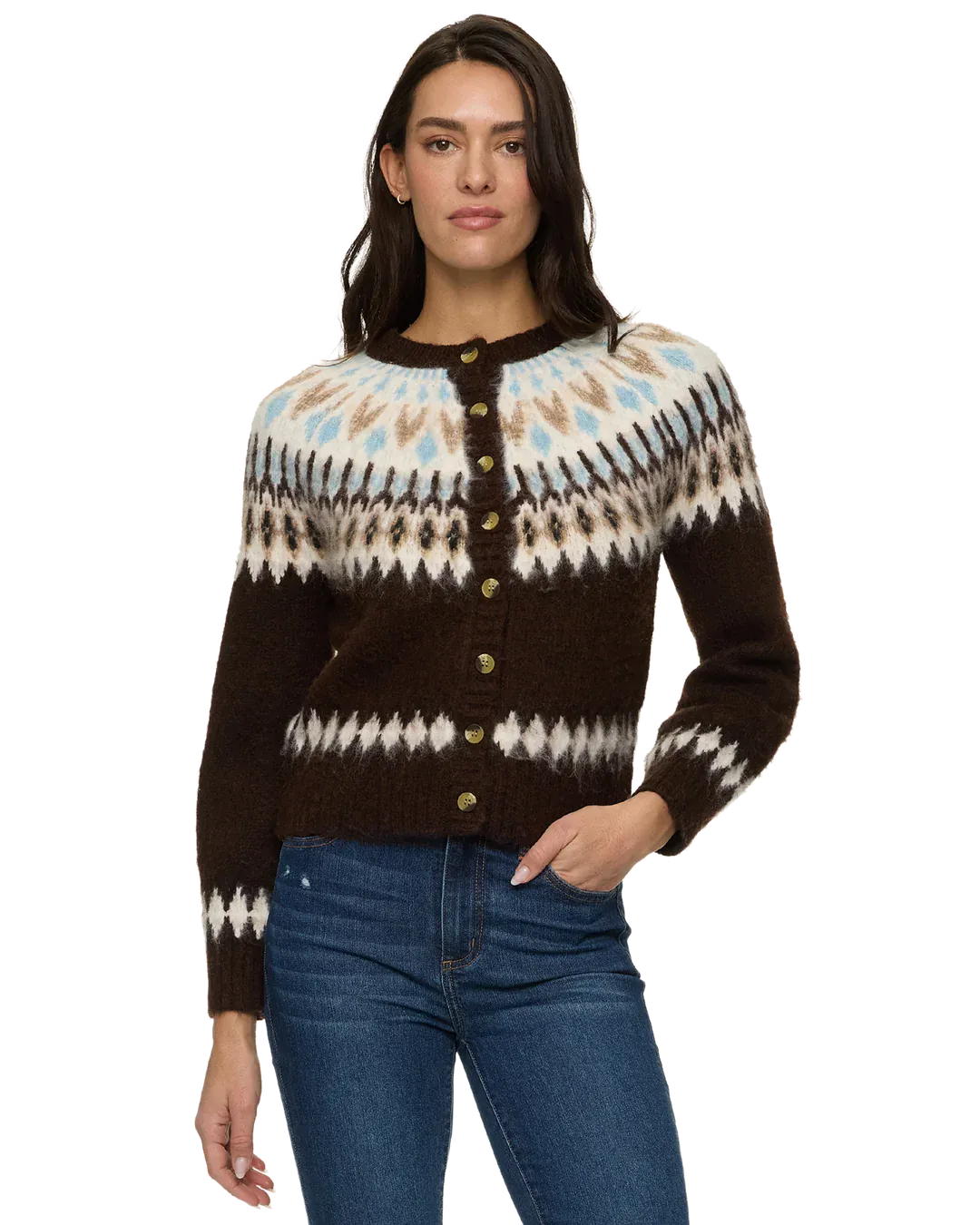 Flag and Anthem Alma Cardigan in brown Fair Isle knit with gold buttons