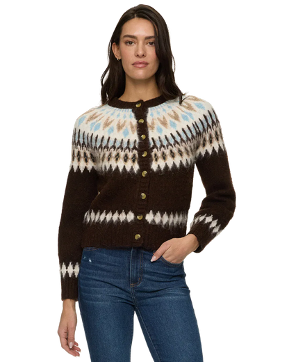 Flag and Anthem Alma Cardigan in brown Fair Isle knit with gold buttons