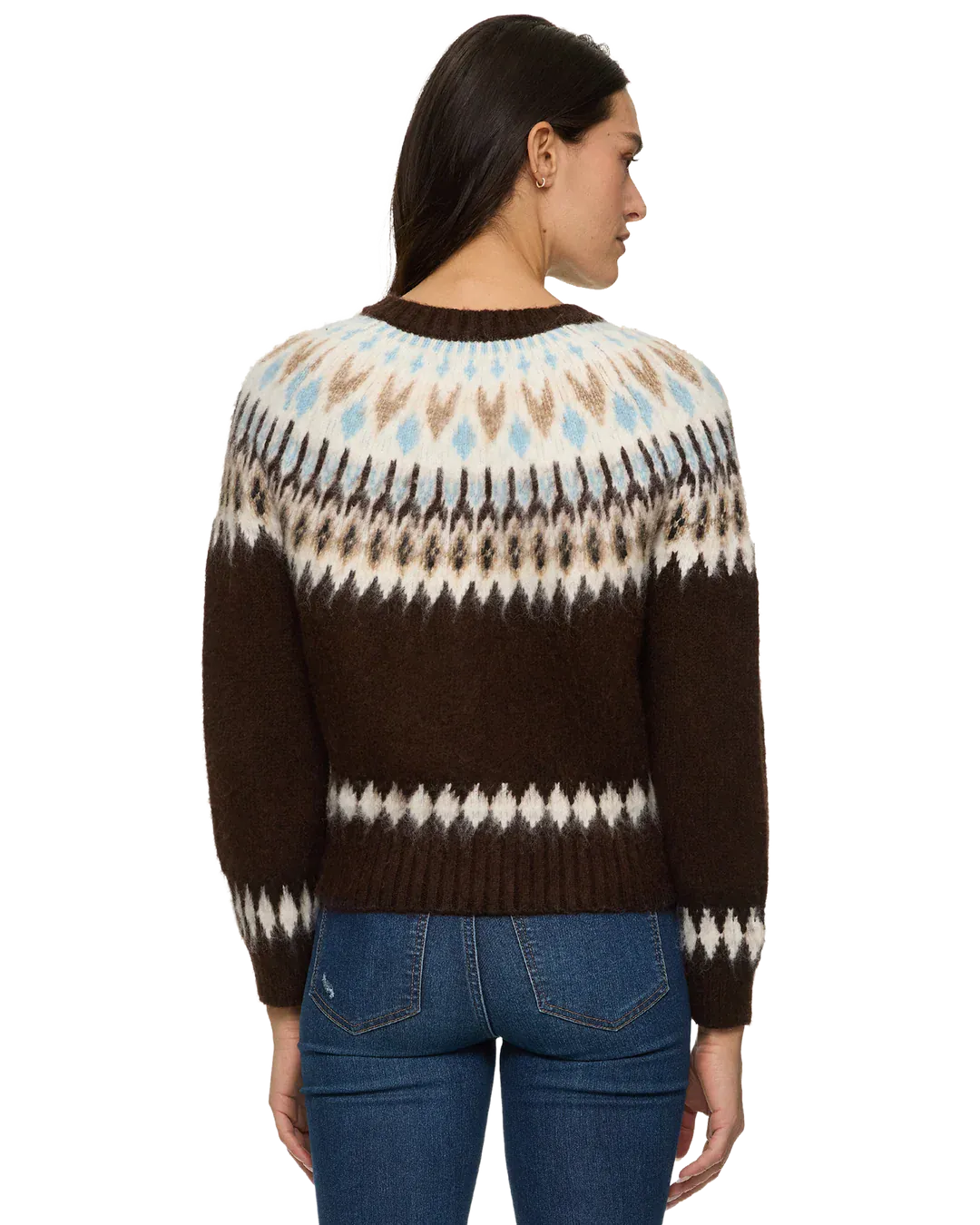 Flag and Anthem Alma Cardigan, brown Fair Isle knit sweater with blue and cream accents