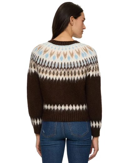 Flag and Anthem Alma Cardigan, brown Fair Isle knit sweater with blue and cream accents