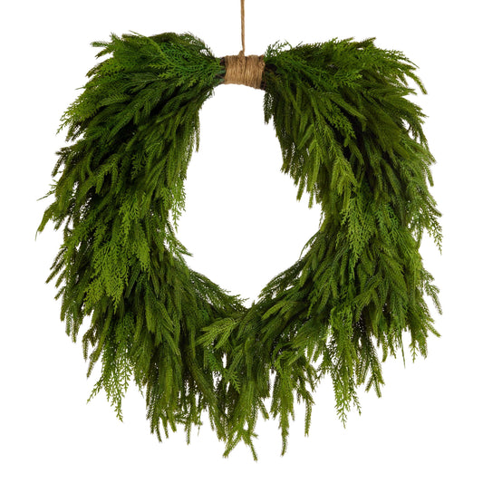 Horseshoe-shaped evergreen wreath with cascading pine branches, hung by jute twine, front view