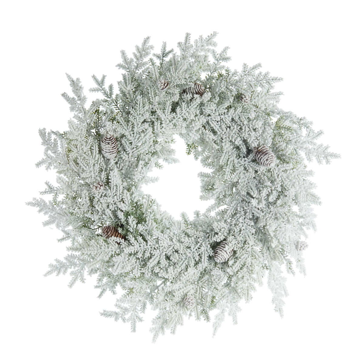 Snow-flocked pine wreath with pinecone accents, circular form, white frosted branches, studio shot