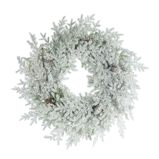 Snow-flocked pine wreath with pinecone accents, circular form, white frosted branches, studio shot