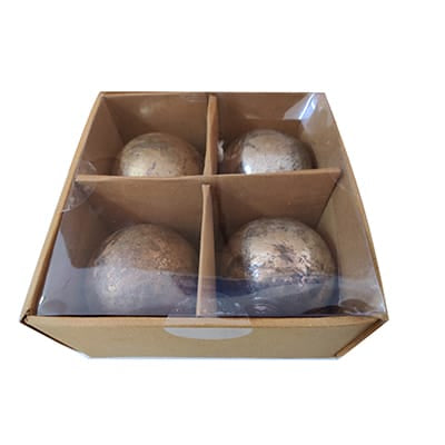 Set of four metallic gold decorative spheres in a divided kraft gift box