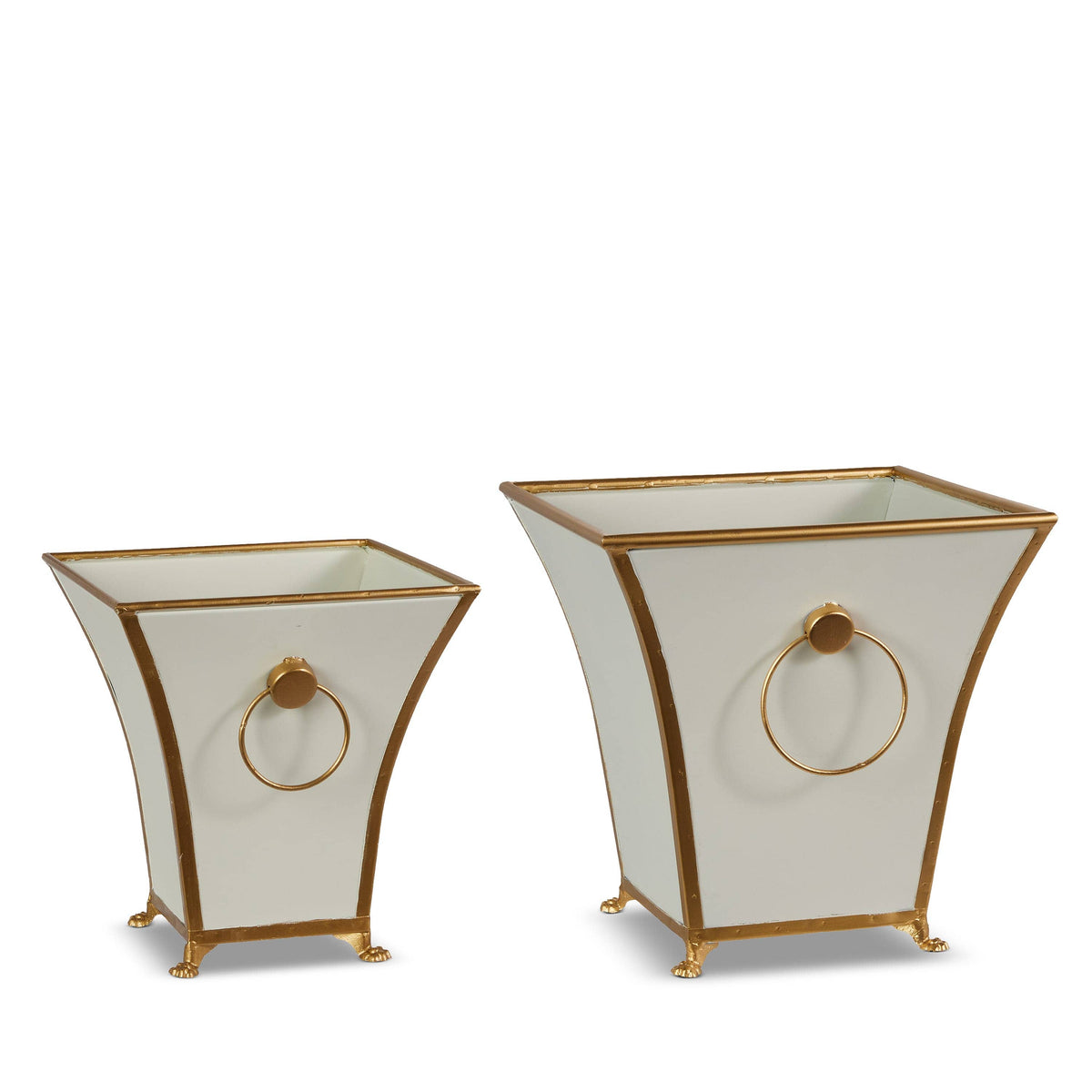 Set of two white metal square planters with gold ring handles, trim, and claw feet