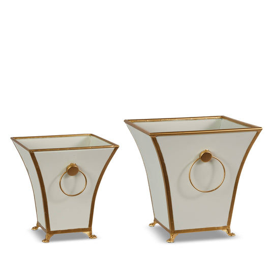 Set of two white metal square planters with gold ring handles, trim, and claw feet