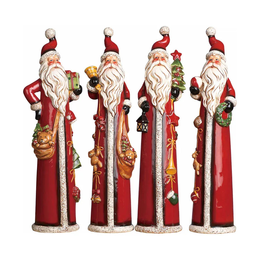 Set of four tall ceramic Santa Claus figurines in red robes holding holiday accessories