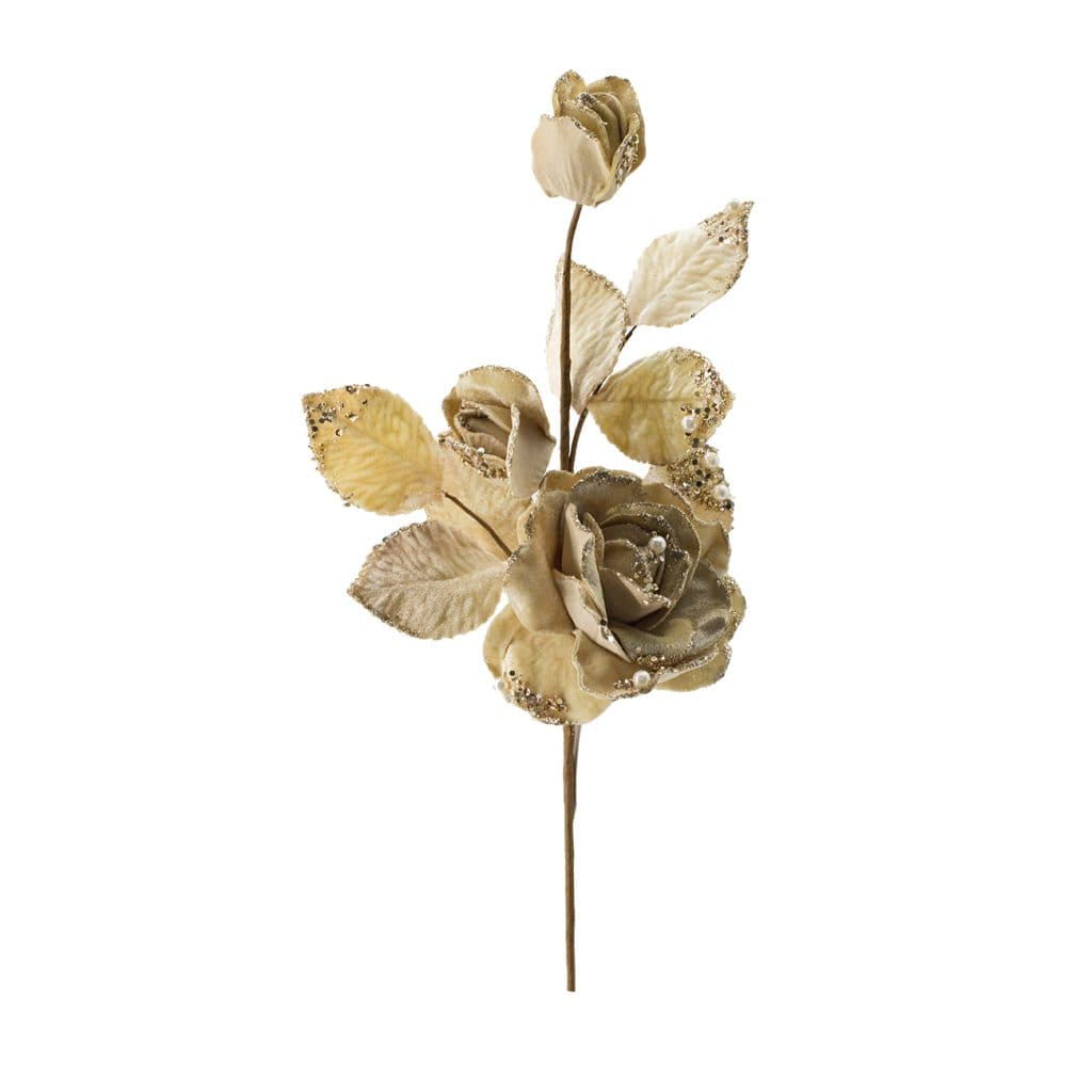 Cream and gold glitter-trimmed artificial rose stem with bud and leaves