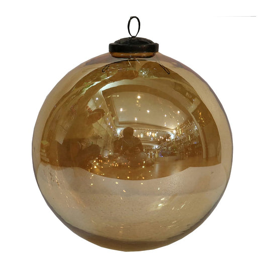 Large 7-inch shiny gold glass Christmas ornament with reflective surface and metal cap