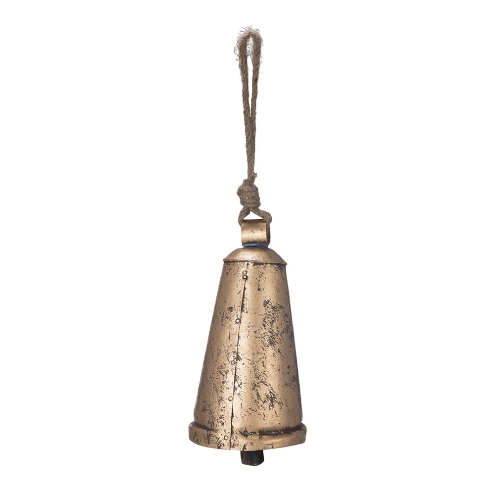 Rustic gold metal bell with jute rope hanger, distressed antique finish, 3x5.5 inches