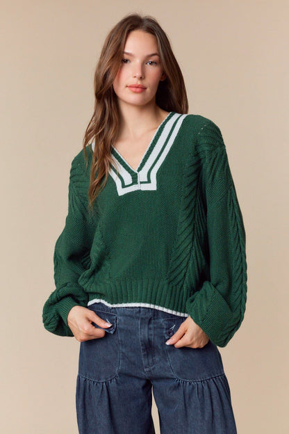 V-neck Stripe Rib Edge Detailed Sweater