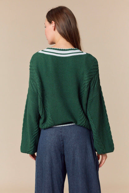 V-neck Stripe Rib Edge Detailed Sweater